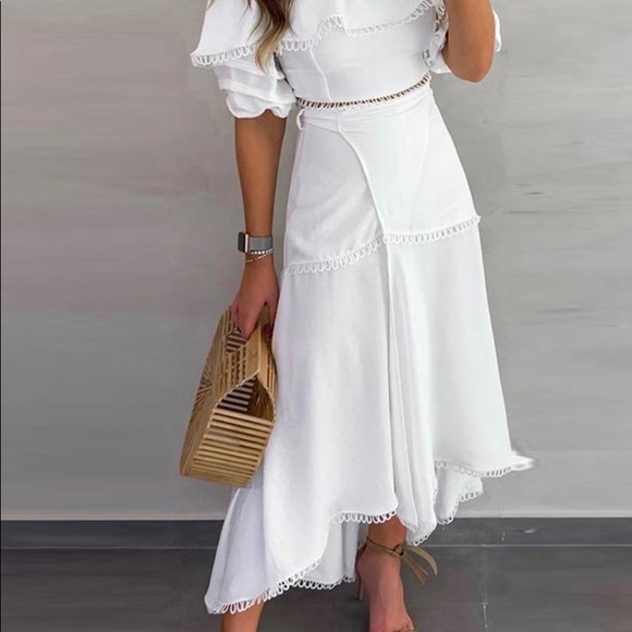 Last One Adorable White Ruffle Split Skirt Set - Picture 2 of 12